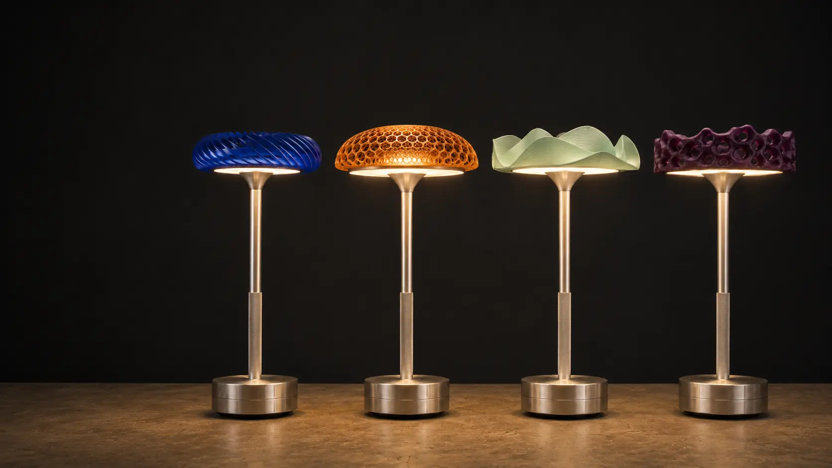 GYRE, CELL, BLOOM ve CORAL başlıklı dört CLADLAMP masa lambası
